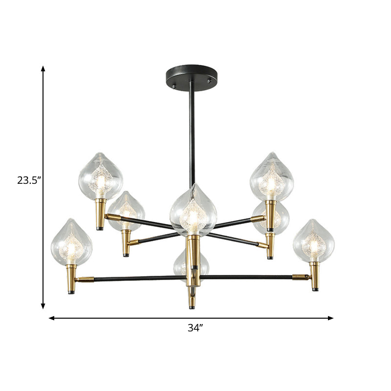 Postmodern Raindrop Chandelier: Clear and Seedy Glass Bedroom Drop Lamp with Branching Arm (6/8-Bulb), Black and Gold