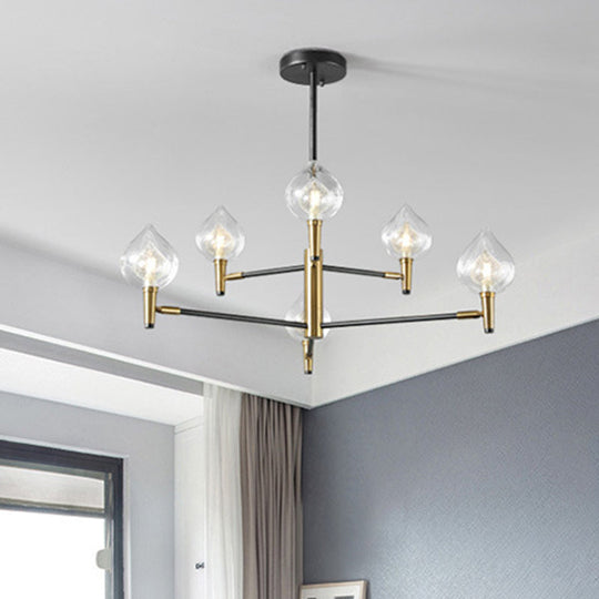 Postmodern Raindrop Chandelier: Clear and Seedy Glass Bedroom Drop Lamp with Branching Arm (6/8-Bulb), Black and Gold