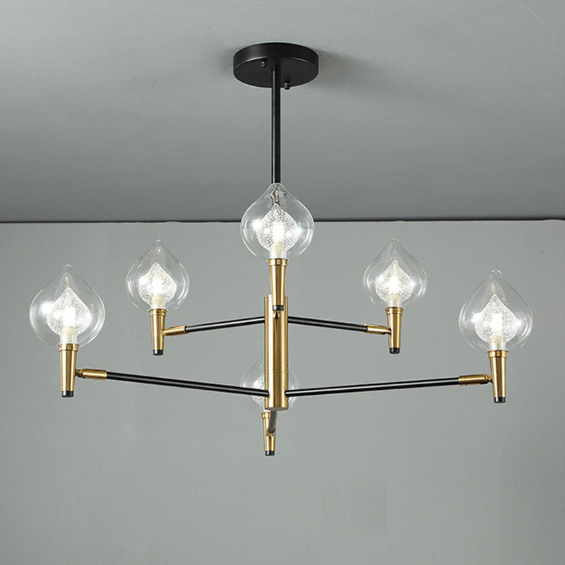 Postmodern Raindrop Chandelier: Clear and Seedy Glass Bedroom Drop Lamp with Branching Arm (6/8-Bulb), Black and Gold