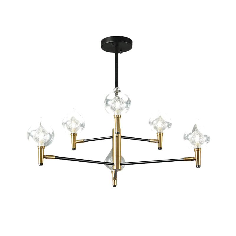 Postmodern Raindrop Chandelier: Clear and Seedy Glass Bedroom Drop Lamp with Branching Arm (6/8-Bulb), Black and Gold