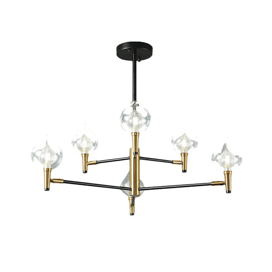 Postmodern Raindrop Chandelier: Clear and Seedy Glass Bedroom Drop Lamp with Branching Arm (6/8-Bulb), Black and Gold