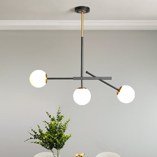 Modern Black-Gold Branching Pendant With Opal Glass Balls - 3-Light Chandelier