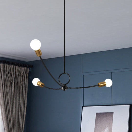 Metallic Minimalist Chandelier With 3 Bulbs In Black/Gold For Dining Rooms