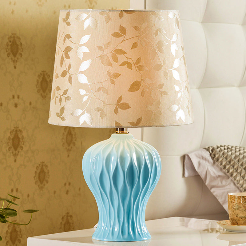 Beige Night Light With Leaf-Printed Fabric Shade - Traditional Table Lamp Blue Urn Base