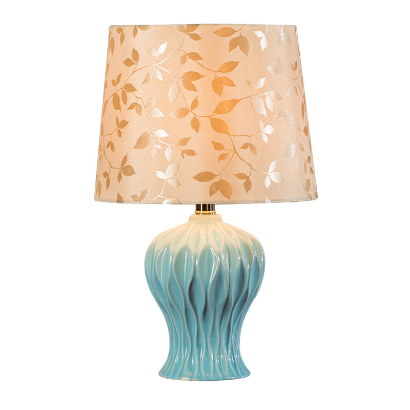 Beige Night Light With Leaf-Printed Fabric Shade - Traditional Table Lamp Blue Urn Base