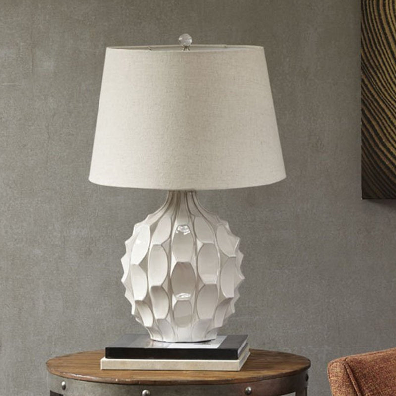 Rustic Pinecone Ceramic Nightstand Lamp With Tapered Drum Shade - White