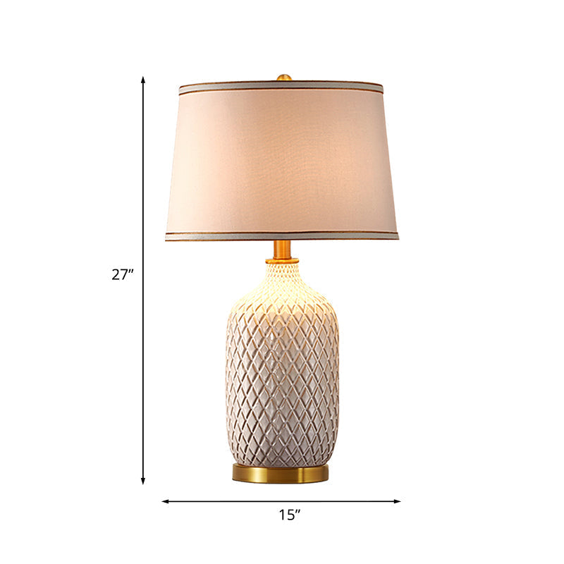 Crisscross-Pattern Ceramic Table Lamp - Traditional White Pot Night Light With Drum Shade