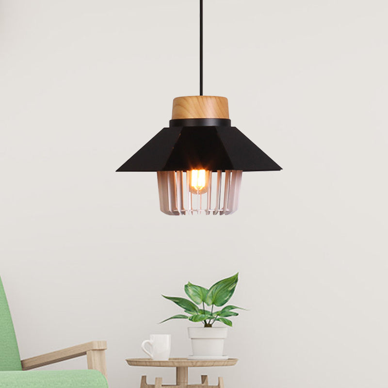 Modernism Conical Ceiling Pendant With Cage Shade - 1 Light Metallic Lighting In Black/Blue For