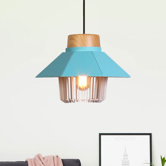 Modernism Conical Ceiling Pendant With Cage Shade - 1 Light Metallic Lighting In Black/Blue For