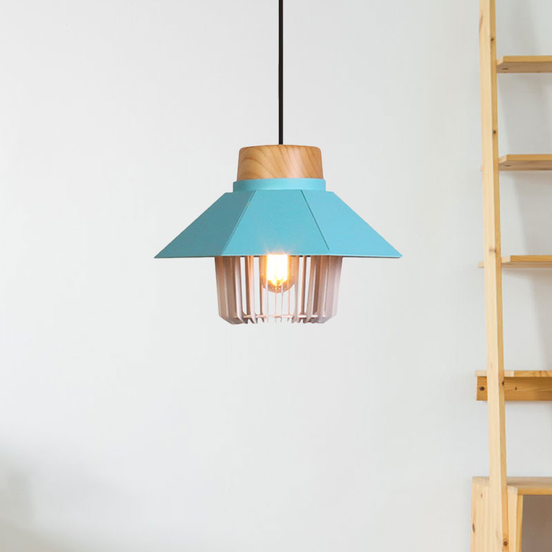 Modernism Conical Ceiling Pendant With Cage Shade - 1 Light Metallic Lighting In Black/Blue For