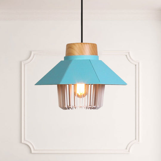 Modernism Conical Ceiling Pendant With Cage Shade - 1 Light Metallic Lighting In Black/Blue For