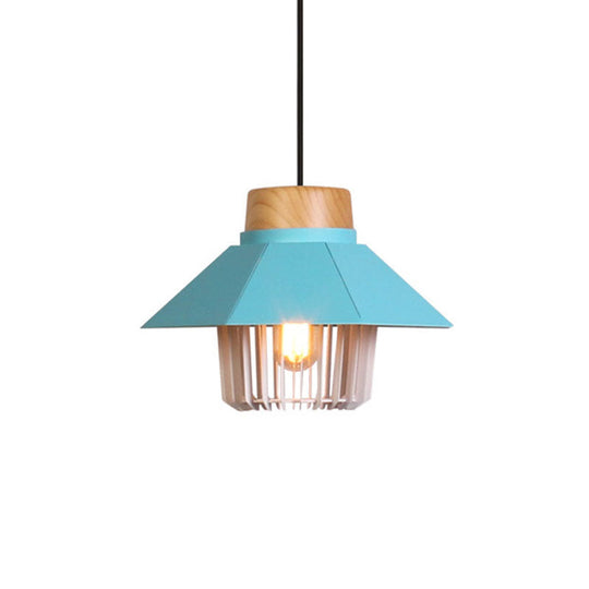 Modernism Conical Ceiling Pendant With Cage Shade - 1 Light Metallic Lighting In Black/Blue For