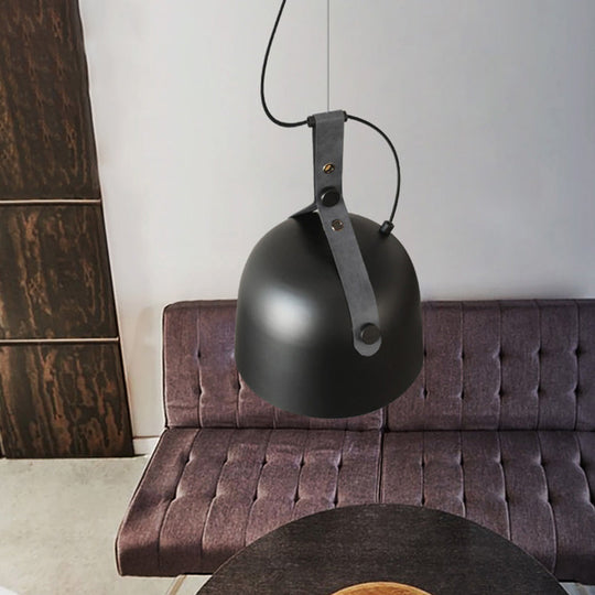 Industrial Style Dome Hanging Lamp in Black/Silver/Copper with Leather Strap - 7"/9.5" Dia, 1 Light Pendant Lighting