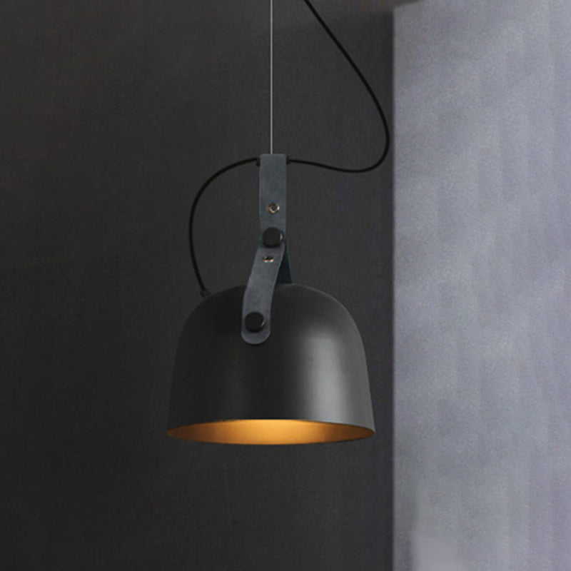 Industrial Style Dome Hanging Lamp With Leather Strap - 7/9.5 Dia 1 Light Pendant Lighting In