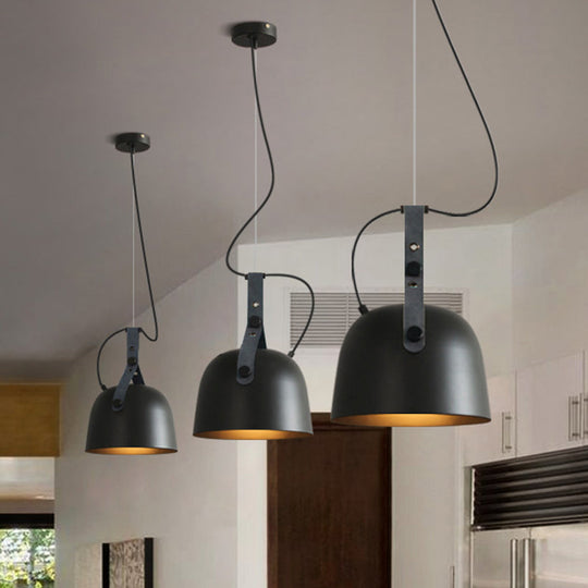 Industrial Style Dome Hanging Lamp With Leather Strap - 7/9.5 Dia 1 Light Pendant Lighting In