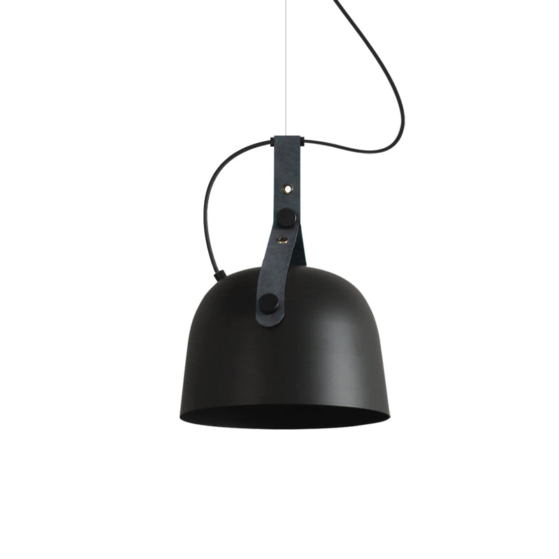 Industrial Style Dome Hanging Lamp in Black/Silver/Copper with Leather Strap - 7"/9.5" Dia, 1 Light Pendant Lighting