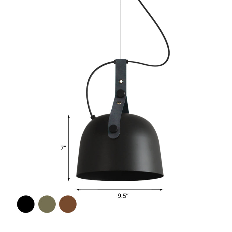 Industrial Style Dome Hanging Lamp in Black/Silver/Copper with Leather Strap - 7"/9.5" Dia, 1 Light Pendant Lighting