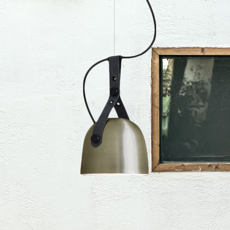 Industrial Style Dome Hanging Lamp in Black/Silver/Copper with Leather Strap - 7"/9.5" Dia, 1 Light Pendant Lighting