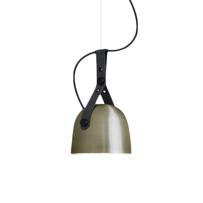 Industrial Style Dome Hanging Lamp in Black/Silver/Copper with Leather Strap - 7"/9.5" Dia, 1 Light Pendant Lighting