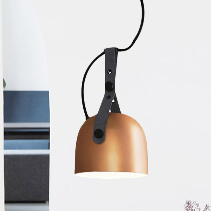 Industrial Style Dome Hanging Lamp in Black/Silver/Copper with Leather Strap - 7"/9.5" Dia, 1 Light Pendant Lighting