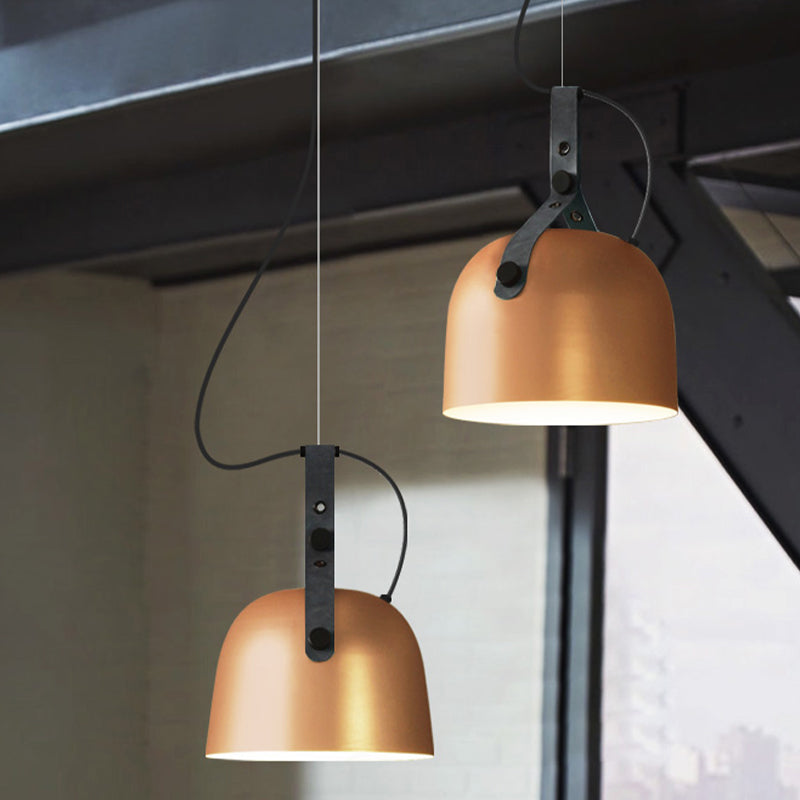 Industrial Style Dome Hanging Lamp in Black/Silver/Copper with Leather Strap - 7"/9.5" Dia, 1 Light Pendant Lighting