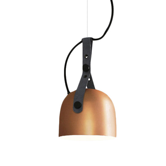 Industrial Style Dome Hanging Lamp in Black/Silver/Copper with Leather Strap - 7"/9.5" Dia, 1 Light Pendant Lighting