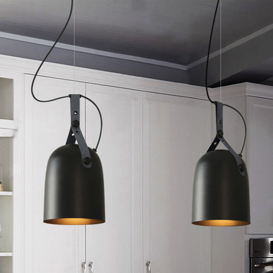 Industrial Style Dome Hanging Lamp in Black/Silver/Copper with Leather Strap - 7"/9.5" Dia, 1 Light Pendant Lighting