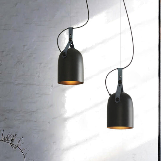 Industrial Style Dome Hanging Lamp in Black/Silver/Copper with Leather Strap - 7"/9.5" Dia, 1 Light Pendant Lighting