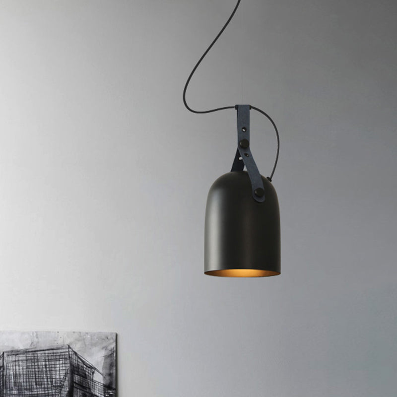 Industrial Style Dome Hanging Lamp in Black/Silver/Copper with Leather Strap - 7"/9.5" Dia, 1 Light Pendant Lighting