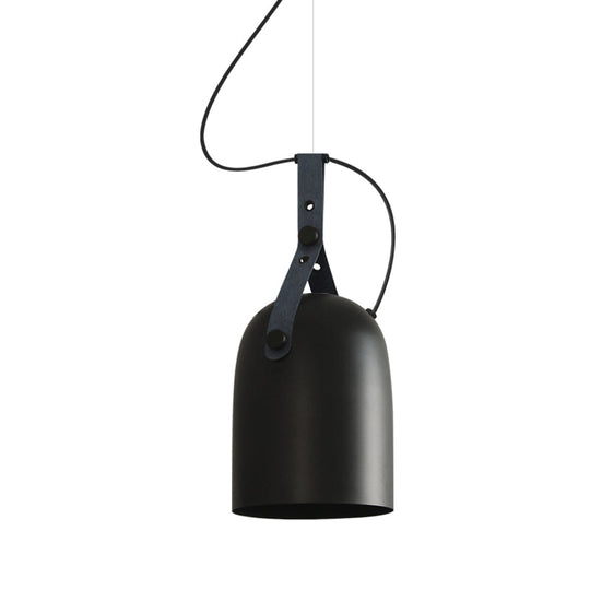 Industrial Style Dome Hanging Lamp in Black/Silver/Copper with Leather Strap - 7"/9.5" Dia, 1 Light Pendant Lighting