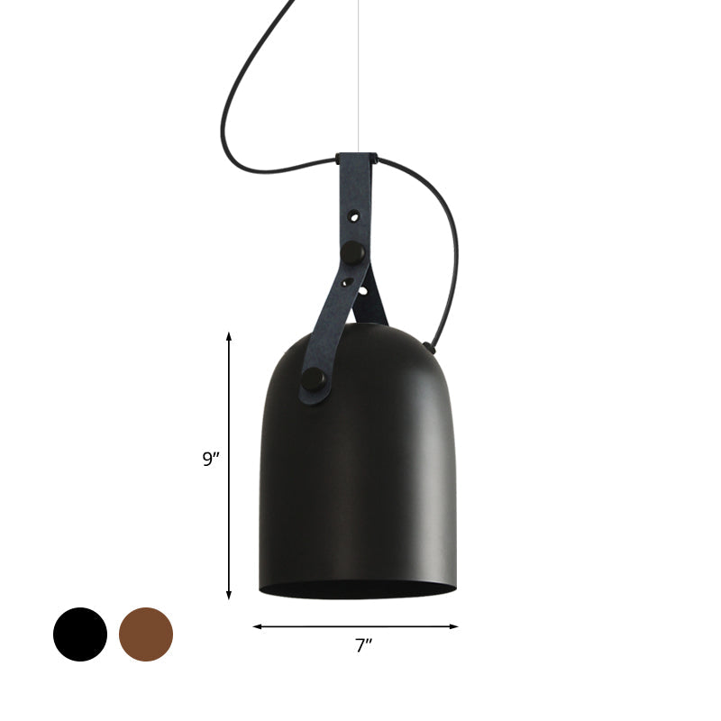 Industrial Style Dome Hanging Lamp in Black/Silver/Copper with Leather Strap - 7"/9.5" Dia, 1 Light Pendant Lighting