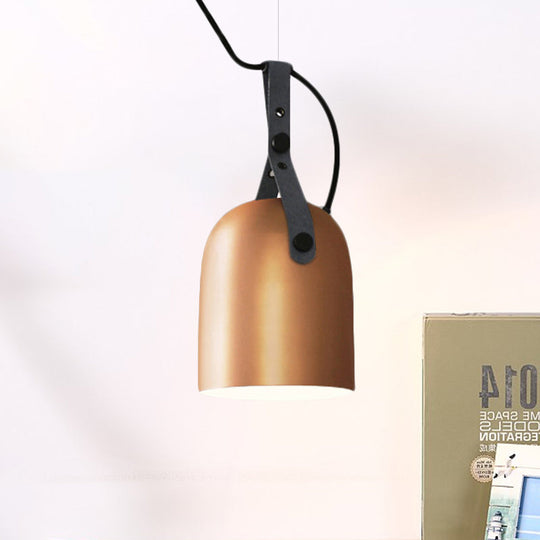 Industrial Style Dome Hanging Lamp in Black/Silver/Copper with Leather Strap - 7"/9.5" Dia, 1 Light Pendant Lighting