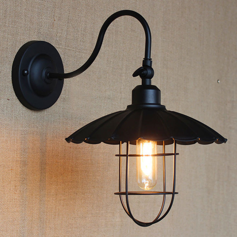 Nautical Scalloped Metal Sconce Light With Cage Shade - Wall Mounted Bedroom Lighting In Black