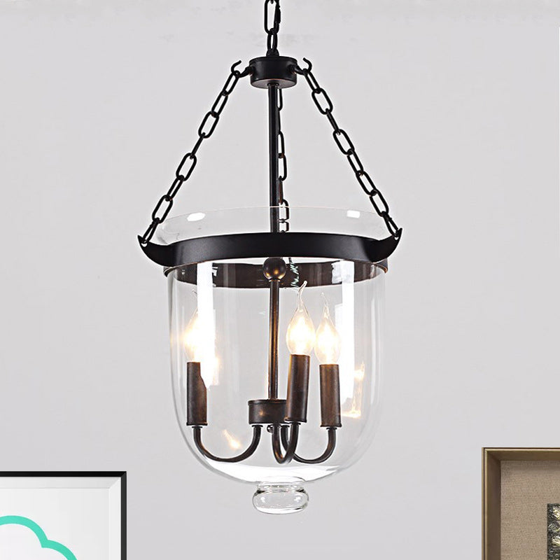 Industrial Clear Glass Chandelier Pendant Light - 3-Light Black Hanging Fixture for Dining Room with Domed Design and Chain