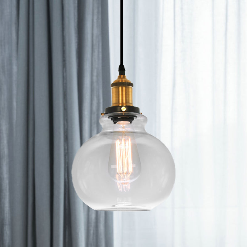 Industrial 1-Light Clear Glass Globe Pendant Light: 7.5 Width Brass Finish /