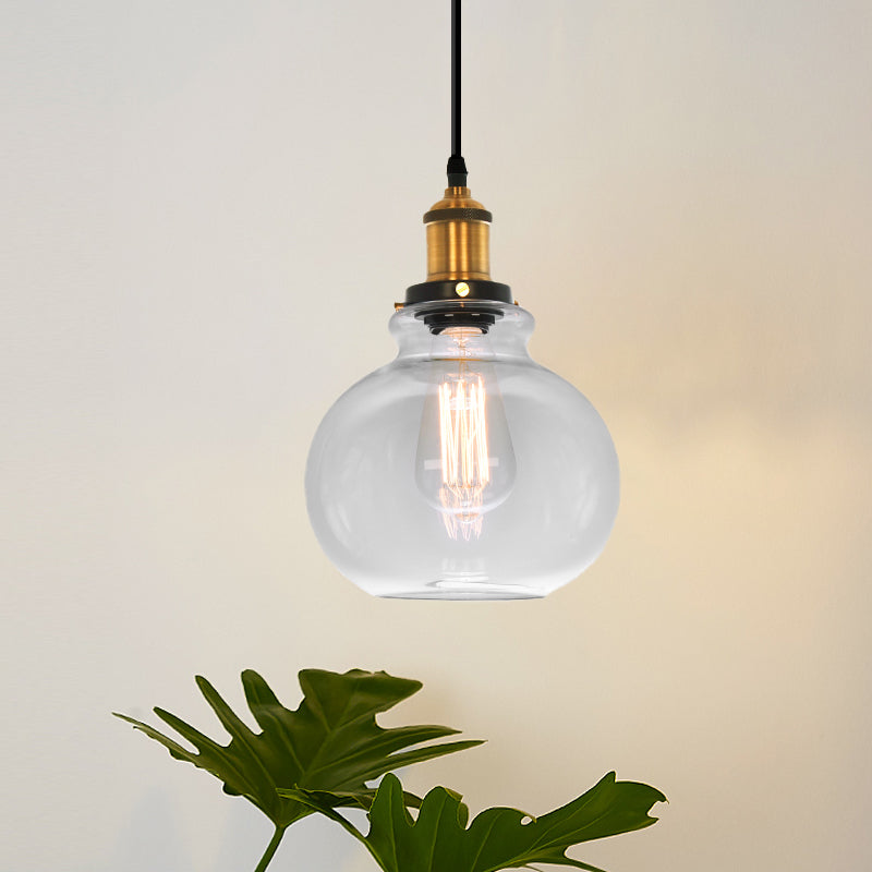 Industrial 1-Light Clear Glass Globe Pendant Light: 7.5 Width Brass Finish