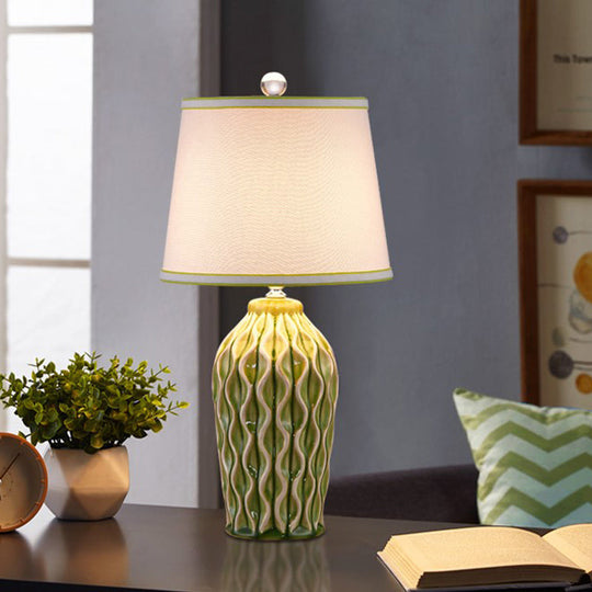 Ceramic Reading Book Light: Rural Blue/Green Twist-Patterned Pottery Table Lighting With Shade