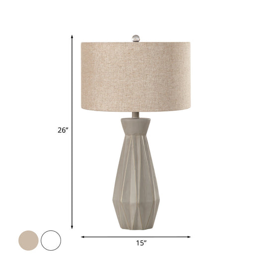 Beige/White Rustic Night Table Lamp With Fabric Drum Shade For Bedside