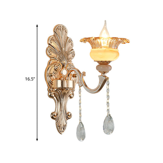 Mid-Century Gold Floral Crystal Wall Sconce For Bedside Lighting