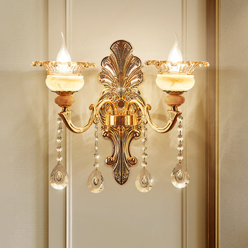 Mid-Century Gold Floral Crystal Wall Sconce For Bedside Lighting