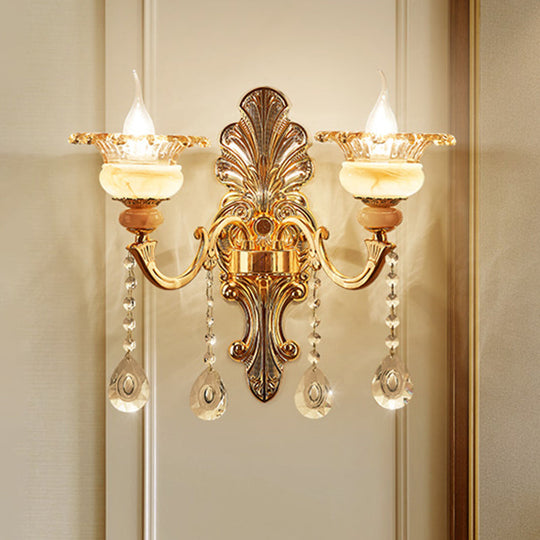 Mid-Century Gold Floral Crystal Wall Sconce For Bedside Lighting