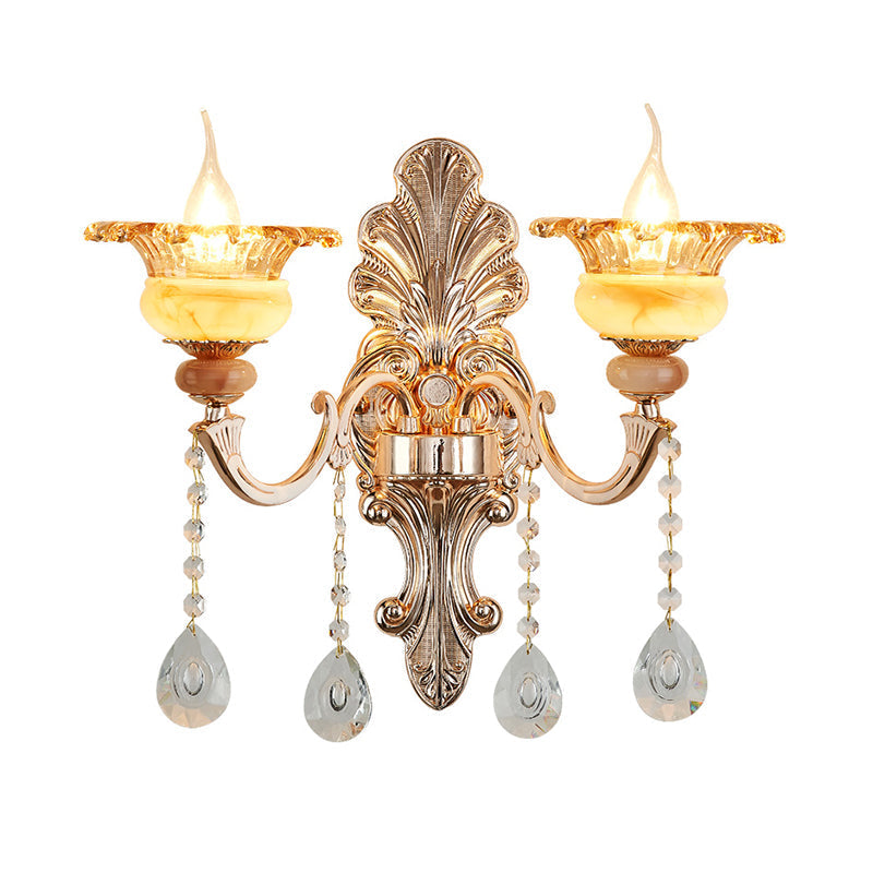 Mid-Century Gold Floral Crystal Wall Sconce For Bedside Lighting