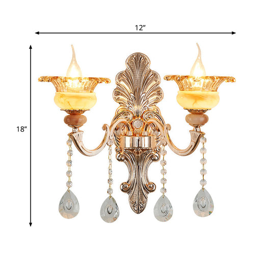 Mid-Century Gold Floral Crystal Wall Sconce For Bedside Lighting