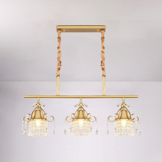 Crystal Teardrop Island Pendant Light With Gold Cylinder And 3 Heads