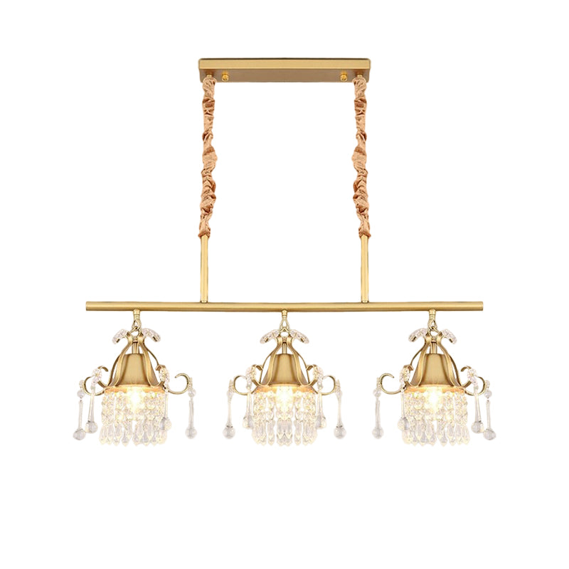 Crystal Teardrop Island Pendant Light With Gold Cylinder And 3 Heads