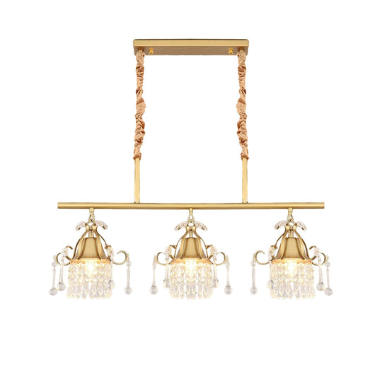 Crystal Teardrop Island Pendant Light With Gold Cylinder And 3 Heads