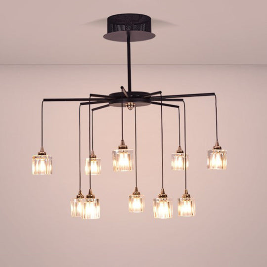 Modernist Radial Ceiling Chandelier - 10 Lights with Black Finish, Metal Pendant and Clear Crystal Cube Shade