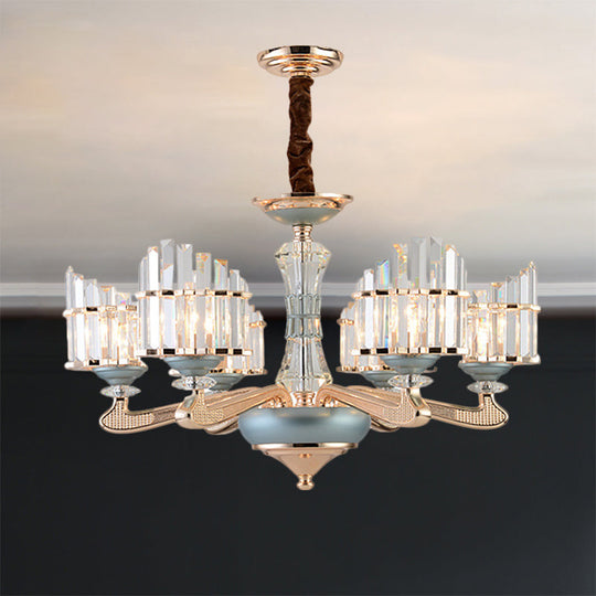 Contemporary Crystal Block Arced Panel Chandelier with 6 Bulbs, Gold Pendulum Light and Blue Ceramic Detail