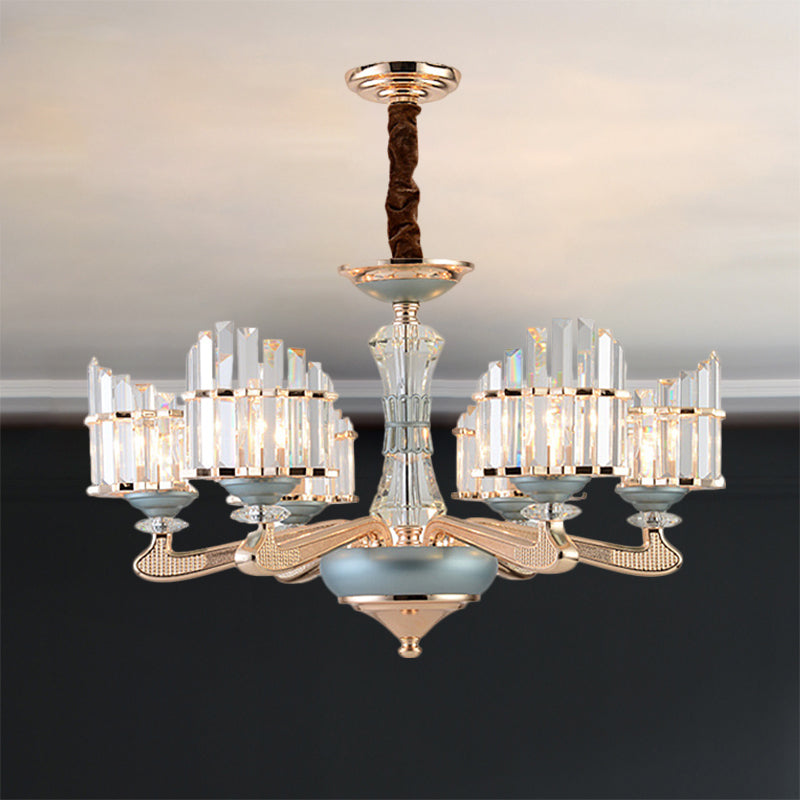 Contemporary Crystal Block Chandelier With Blue Ceramic Accents - 6 Bulbs Gold Finish