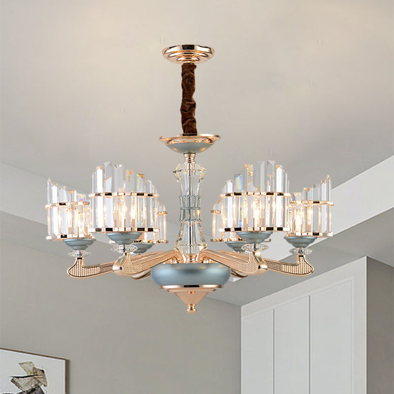 Contemporary Crystal Block Arced Panel Chandelier with 6 Bulbs, Gold Pendulum Light and Blue Ceramic Detail